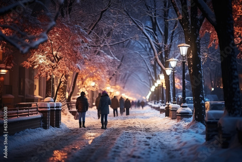 Snow covered night city street with illumination in winter on New Year's Eve