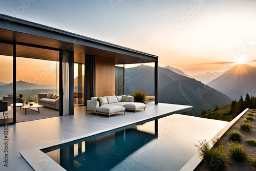Modern exterior of a luxury villa in a minimal style. Glass house in the mountains. Magnificent mountain views from the veranda of a modern villa. Luxury glamping