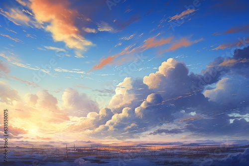 Artistic afternoon scene with cloud-filled sky, evoking an anime-inspired atmosphere. Generative AI