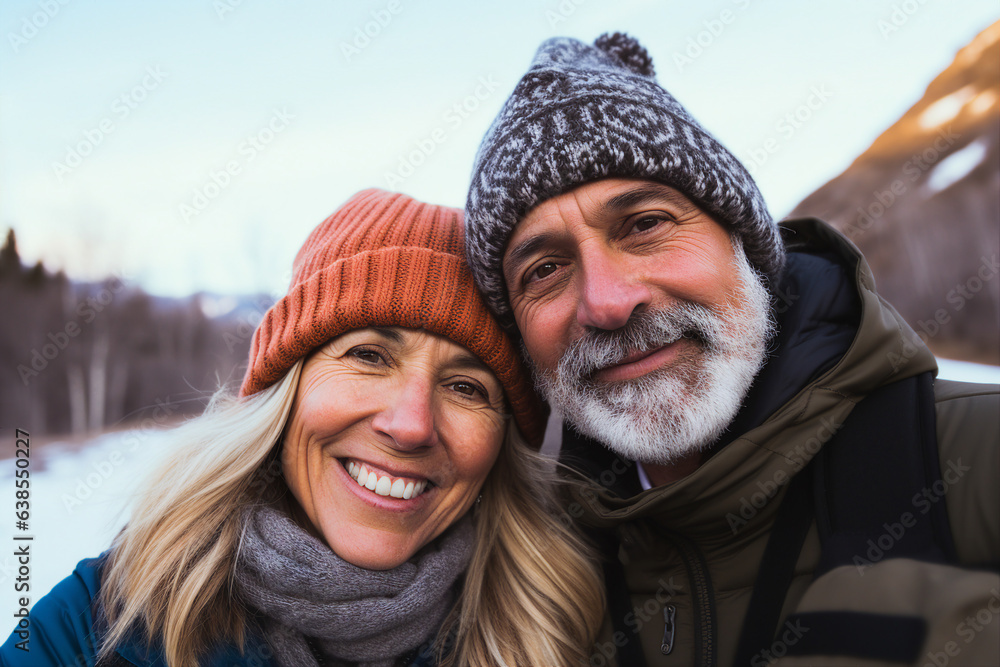 Generative AI illustration of nice aged couple traveling together winter mountains making selfies beautiful landscape nature feel young Generative AI illustration of nice aged couple traveling together winter mountains making selfies beautiful landscape nature feel young