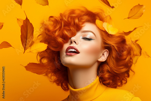 Generative AI picture of attractive redhead woman model symbolizing autumn season over background photo