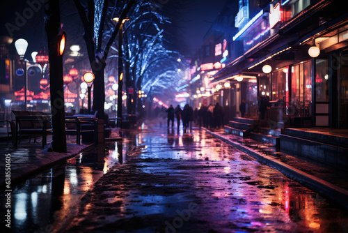 Crowd of people on a snow covered night city street with illumination