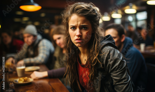 Young lady makes an angry aggresive face like she\'s starving and demanding food, while sitting at a restaurant table with empty plate, hangry concept