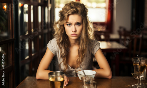 Young lady makes an angry aggresive face like she s starving and demanding food  while sitting at a restaurant table with empty plate  hangry concept