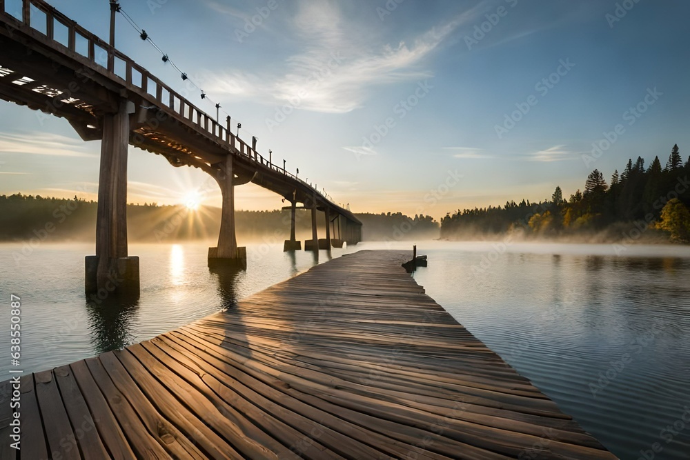 Naklejka premium A serene wooden rope bridge suspended over a rushing river, the aged wooden planks weathered and worn, casting dappled shadows on the water's surface, the bridge swaying gently in the breeze, Photog