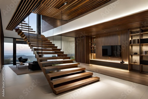 Illuminated staircase with wooden steps and illuminated at night in the inter...