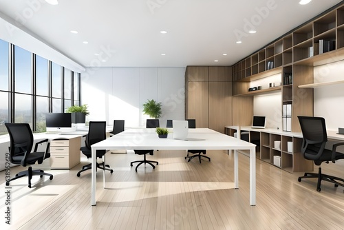 Blurred interior of modern office workplace a workspace design without partition decorate with black, white and wooden furniture. Nice environment can create work productivity, relax mood
