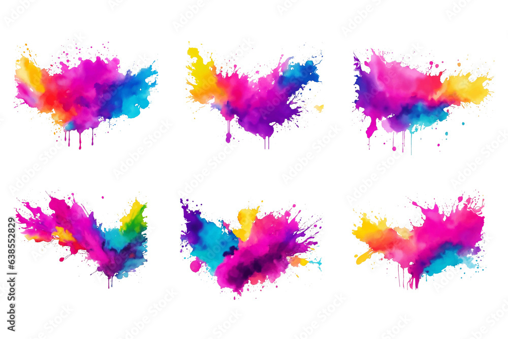 Colorful Ink splatter set, watercolor paint splash powder festival explosion burst isolated png background