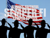 Always faithful. US Marines silhouetted saluting the flag.