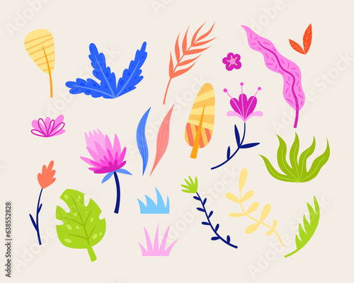 Vector collection of tropical leaves and flowers