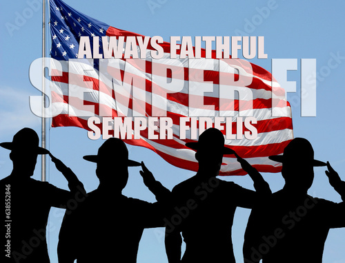 Always faithful. US Marines silhouetted saluting the flag.