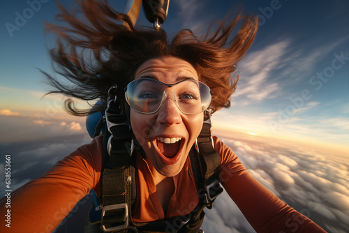 Generative AI photo of happy cheerful lady falling down with a parachute enjoying the moment of happiness and freedom photo
