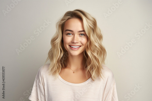 Generative AI portrait charming blonde hair girl woman smiling white teeth isolated pastel color wall background