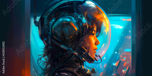 A woman in a futuristic helmet as a symbol of innovation and progress. Represents the concept of virtual reality and technology development. Depicts opportunity and strength in the face of challenges.