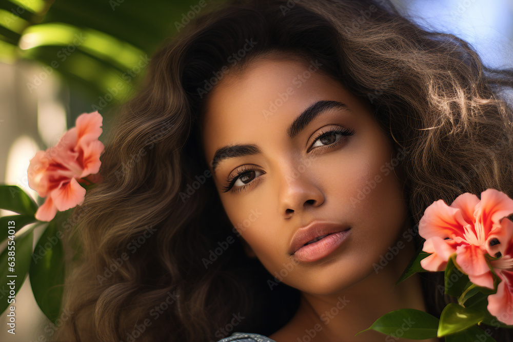 Generative AI portrait of lovely girl surrounded by fresh bright summer flowers Generative AI portrait of lovely girl surrounded by fresh bright summer flowers