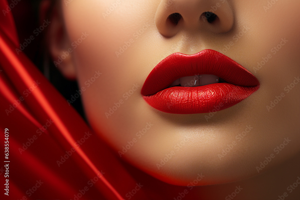 Obraz premium Close up of lips with bright lipstick Beautiful woman face make up cosmetics AI generative picture