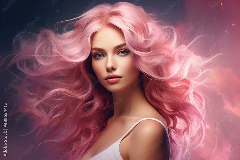 Generative AI portrait of natural beauty woman model demonstrating pink dyed hairstyle