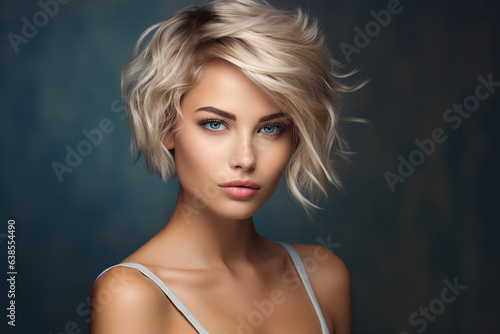 Vászonkép Generative AI picture portrait of young beautiful woman with short haircut styli