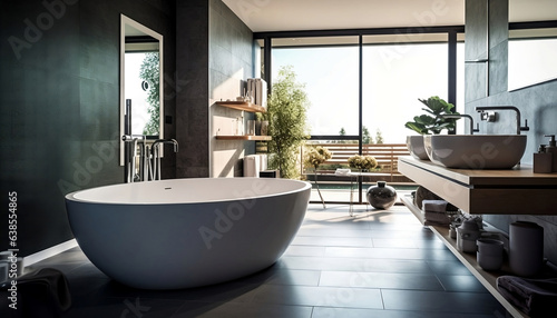 Modern bathroom with freestanding bath  top wash bassin  mirrors and plants
