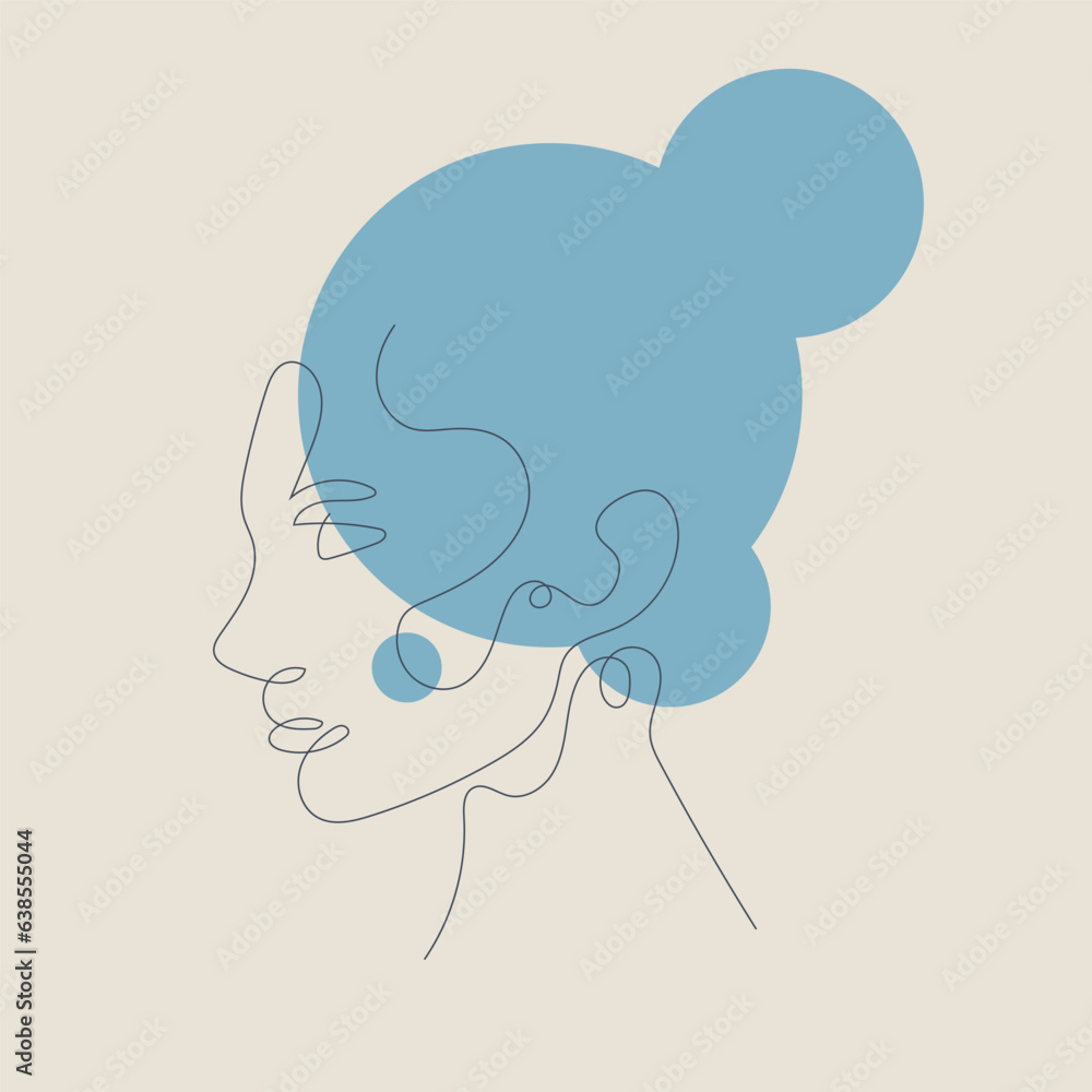 Woman head with simple geometric elements. One line style illustration.
