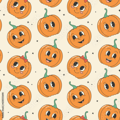 Fall Autumn retro groovy seamless pattern with cute pumpkins. Vintage vector pattern.