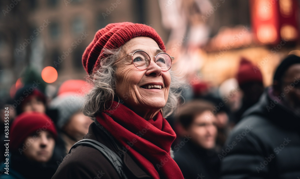 Portrait of stylish old lady smiling in coat and scarf on the blurred street background.