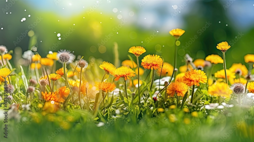 Beautiful colorful summer spring natural flower background in the form of a banner. Dandelion flowers in the meadow with bokeh background