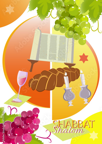 Shabbat Shalom. Challah bread, shabbat wine and candles on wooden table, torah
