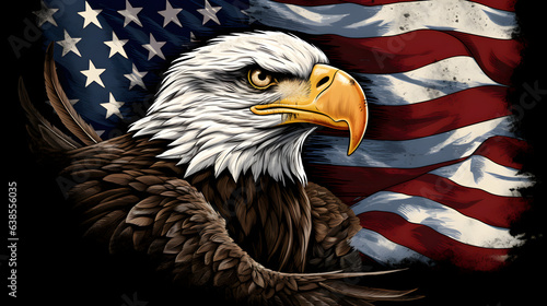 Eagle in Foreground with American Flag as Background Celebrating Independence Day Concept.
