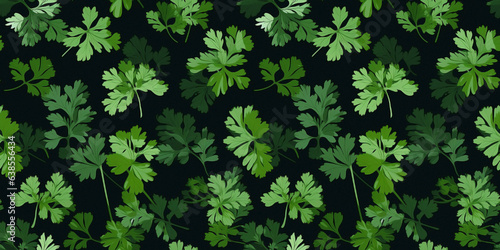 Seamless pattern of illustrated cilantro leaves, floral graphics. Concept: Whimsical herbal elements.