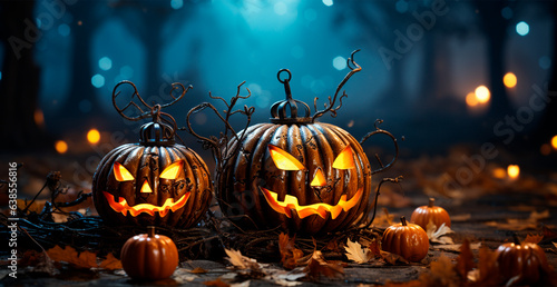 Close-up of carved pumpkins for Halloween, Feast of the Dead, Scary Night - AI generated image