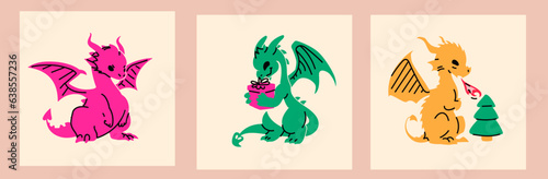 A set of 3 cute new year dragons. Square cards for social media. Vector contemporary illustration. 