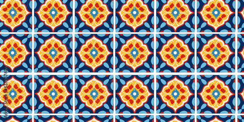 Seamless pattern with ornament. Colorful ceramic tiles in floral traditional style. Vector endless texture for digital paper, fabric, backdrop or wrapping