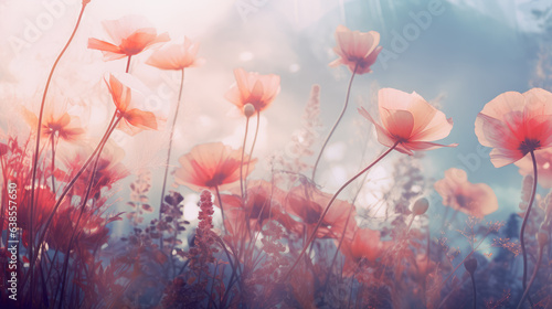 Wild Flowers On A Field. Dreamy Landscape With Bokeh Background. Ai Generated 