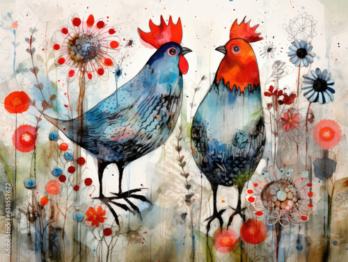 Chickens And Flowers. Contemporary Illustration. Ai Generated
