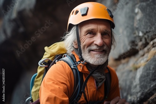 Portrait of senior male climber looking at camera while climbing on a rocky wall © Nerea