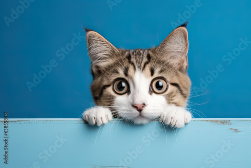 Obraz na plátně Kitten head with paws up peeking over blue wooden background