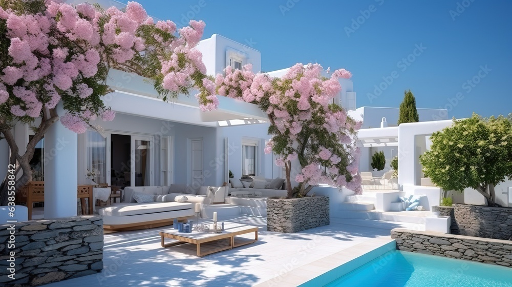 Fototapeta premium Professional Shot of a Mediterranea House in Greece. Amazing Magenta Flowers creating this shot Captivating. 
