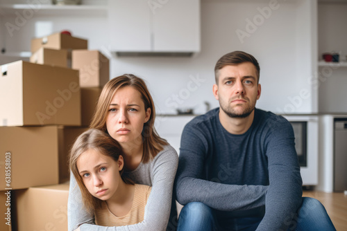 Sad stressed evicted family with kid worried relocating house. Moving to new home, family financial problems, crisis, financial hardship, cost of living concept photo