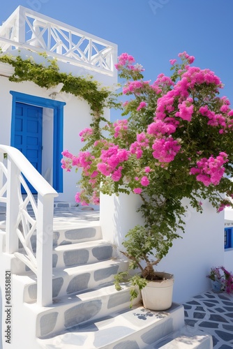 Professional Shot of a Mediterranea House in Greece. Amazing Magenta Flowers creating this shot Captivating. 