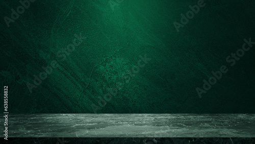 empty marble table at foreground and cement stone at background with green light from above for product displayed in rustic mood. green backdrop. abstract background for product stand for advertising.