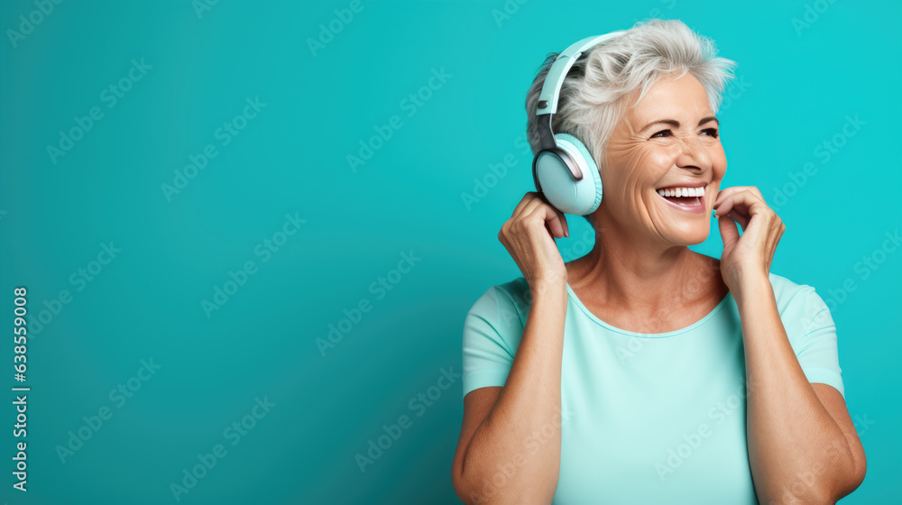 Senior woman wearing headphones on a blue background listening to her favorite music. - obrazy, fototapety, plakaty 