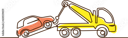 Tow truck lift broken car using crane. Continuous one line drawing.
