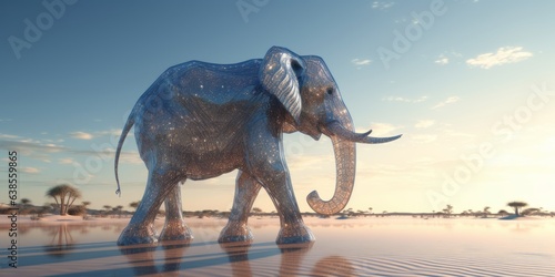 surreal holographic elephant walks in desert water hot sunny afternoon. surrealism  simultaneously an aesthetic art mood. Long horizontal banner. Generative AI.