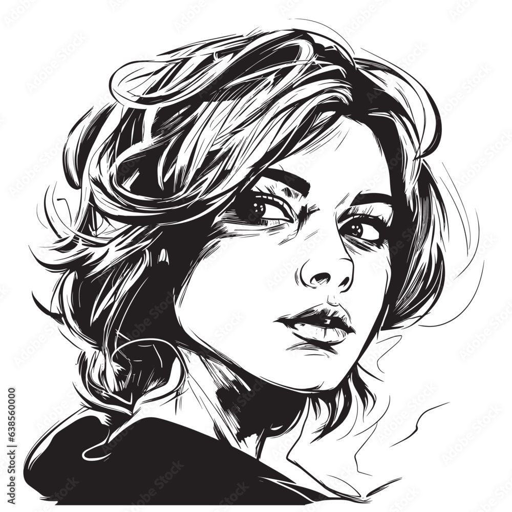 Vector portrait of a fashionable young beautiful girl with tousled hair. Black and white female portrait