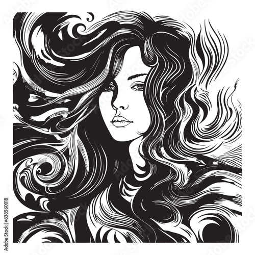 Vector portrait of a fashionable young beautiful girl with tousled hair. Black and white female portrait