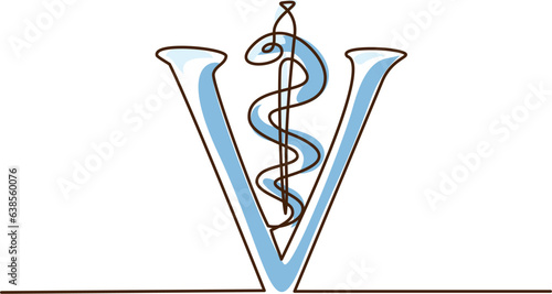 Veterinary symbol - caduceus snake with stick. Continuous one line