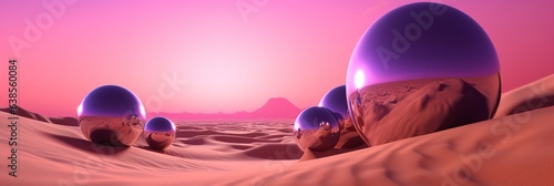 Desert Surreal landscape with purple steel mirror sphere orbit. surrealism pink sky sunset, simultaneously aesthetic. Long horizontal banner. Generative AI.  photo