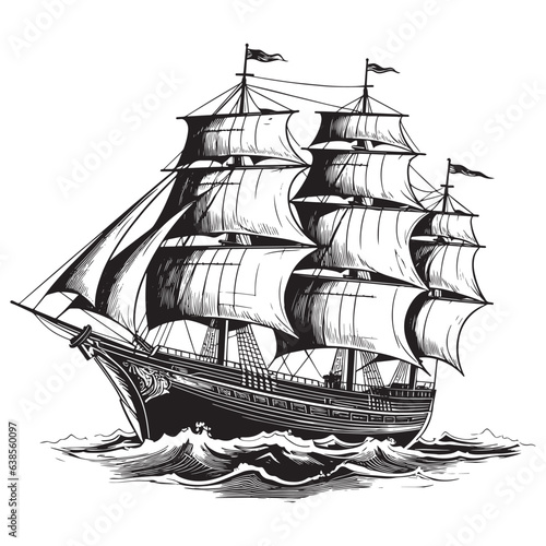 An old sailing ship on the sea waves. Vector drawing isolated on white background.