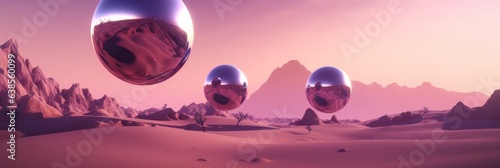 Artistic landscape of Prairie with purple floating steel mirror sphere orbit and water reflections. surrealism pink sky sunset, simultaneously aesthetic. Long horizontal banner. Generative AI.  photo